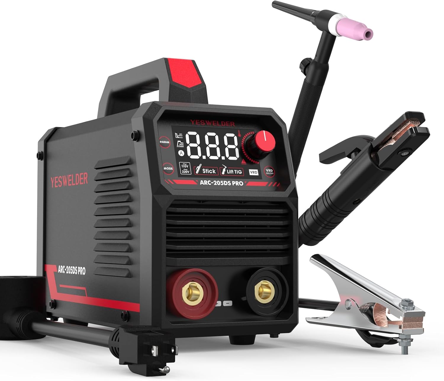YESWELDER 205Amp Stick Welder with Lift TIG Torch, [Large LED Display] 110V/220V Dual Voltage Portable Welding Machine & Lightweight, Durable Flip Front Welding Hood Helmet
