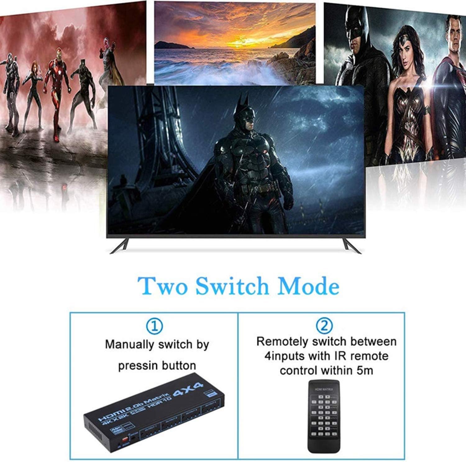HDMI Matrix switcher 4x4, 4K HDMI Matrix switcher Splitter 4 in 4 Out Box, with EDID Extractor and Infrared Remote Control, Support 4K HDR, HDMI 2.0b, HDCP 2.2, 4K @ 60Hz, 3D, YUV 4:4: 4