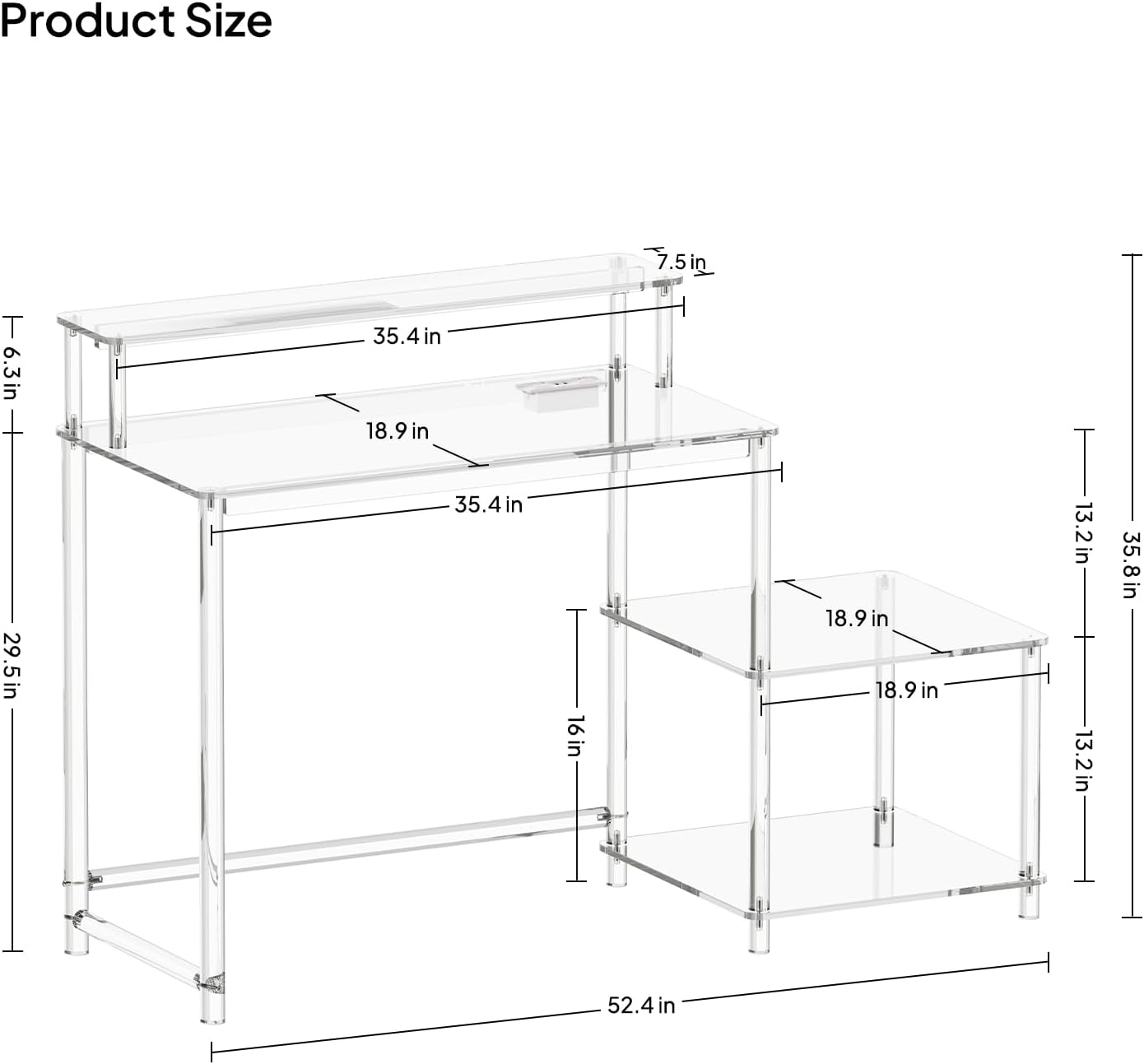 Eglaf Acrylic Desk with Printer Space - Home Office Desk Computer Desk with Power Outlet, Monitor Stand, for Study Working Writing Gaming, 44.5'' L x 18.9'' W x 35.8'' H, Clear