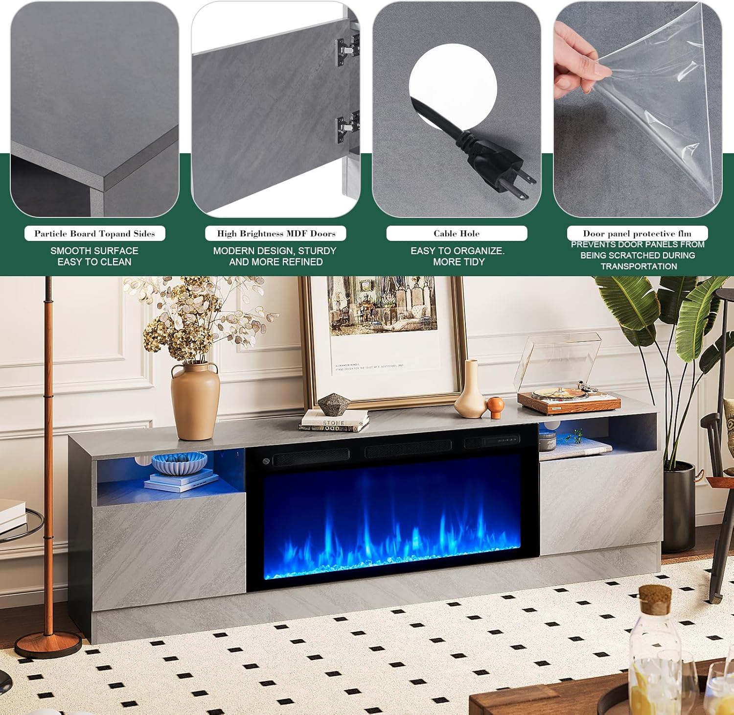 Fireplace TV Stand with 36" Electric Fireplace, LED Light Entertainment Center, Modern Wood Texture Entertainment Stand with Highlight Storage Cabinet for TVs Up to 80", 70 inches, Gray