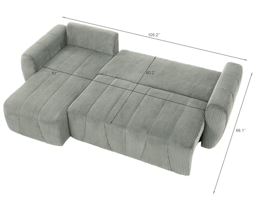 Modular Sectional Sleeper Sofa with Storage, Convertible 3 Seat L Shape Sectional Couch with Reversible Chaise, Modern Upholstered Corduroy Sleeper Couch with Pullout Bed for Living Room (Light Grey)