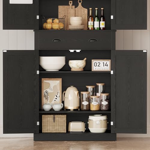 IRONCK Kitchen Pantry Storage Cabinet 72.6" H, with Barn Doors, Drawer, 4 Adjustable Shelves, Freestanding Cupboard for Dining Room Living Room, Laundry, White