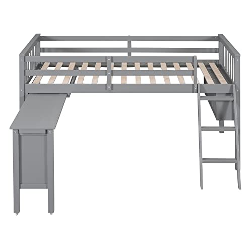 Wooden Full Size Low Loft Bed with Rolling Portable Desk and Chair,4 Cabinets，Blackboard and Slides,for Kids Boys Girls Teens Bedroom Use (White@z, Full)