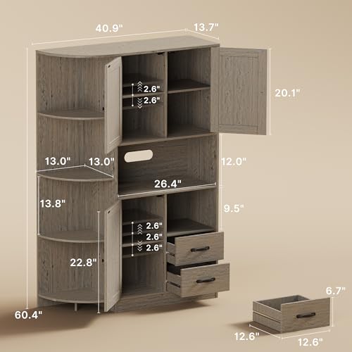 Gizoon 60.4" Farmhouse Kitchen Pantry Storage Cabinet with Doors and Adjustable Shelves, Large Kitchen Hutch with Drawers, Freestanding Cupboard for Dining Room, Living Room, Retro