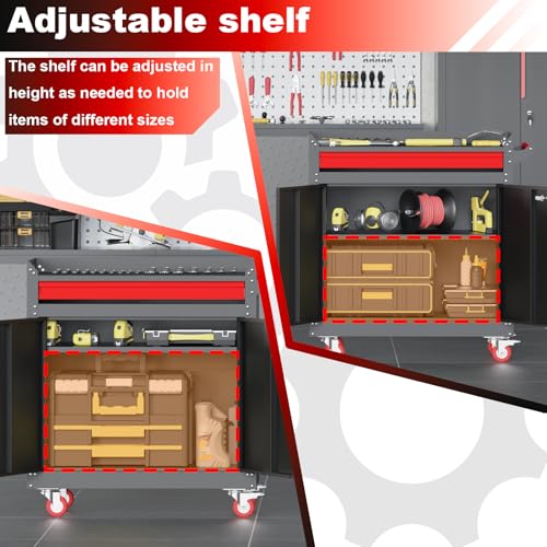 Metal Garage Storage Cabinet, Tall Garage Cabinets with 5 Adjustable Shelves, Steel Tool Storage Cabinet with Wheels,Lockable Heavy Duty Metal Cabinets for Home, Warehouse,Basement