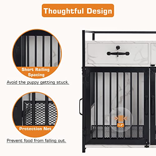 MCombo Furniture Style Dog Crate, Wooden Dog Crate End Table, Double Doors Dog Kennel with Storage Drawers, 0649 (White)