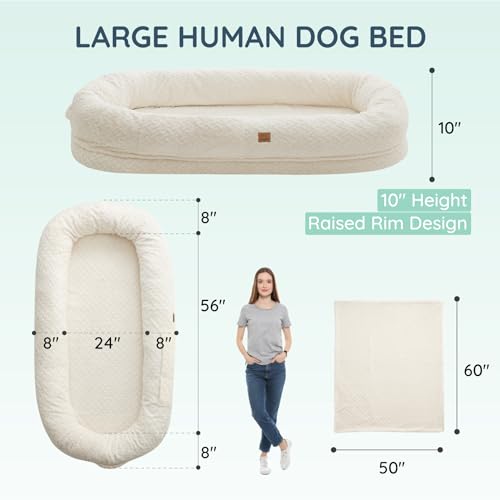 Human Dog Bed for Adult - Luxury Faux Fur Giant Human Size Dog Bed with Portable Handle, Egg Orthopedic Foam Dog Human Bed with Blanket, 72"x40"x10", Ivory White