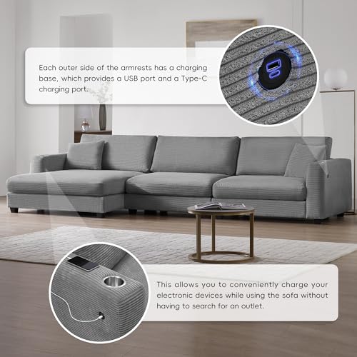 Oversized Corduroy Sectional Sofa, L Shaped Cloud Couch with USB Charging Port,Cup Holder,Deep Seat Sofa Bed with 50" Chaise, Comfy Indoor Furniture for Living Room Apartment (Beige)