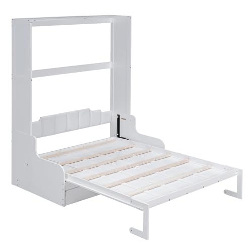 Modern Full Size Murphy Bed with Wardrobe, Versatile Foldable Wooden Bed Frame with Drawers and Open Shelves, Solid Wood Wall Bed for Apartments, Studio Bedroom Use, Space-Saving