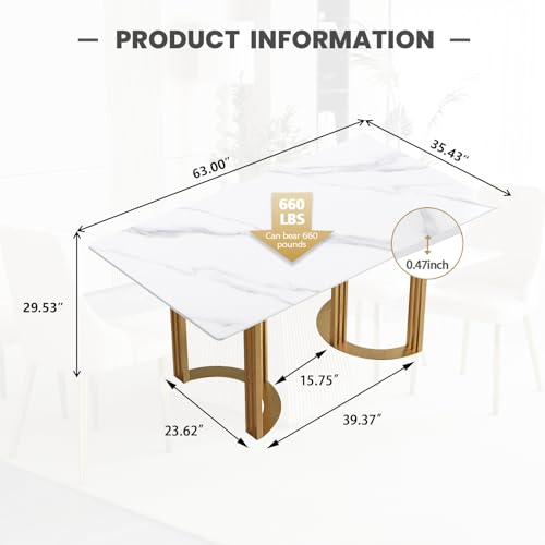 Modern Rectangle Marble Dining Table,63" White Marble Sintered Stone Top Dining Table with Gold Trestle Pedestal,Faux Marble Kitchen Dinner Table for Dining Room/Living Room/Office (Table Only)