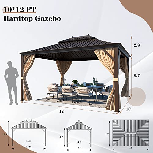 EROMMY 14'x20' Hardtop Gazebo Double Roof Galvanized Steel Canopy Outdoor Aluminum Frame Permanent Metal Pavilion with Netting and Curtains for Patio Backyard Deck and Lawns