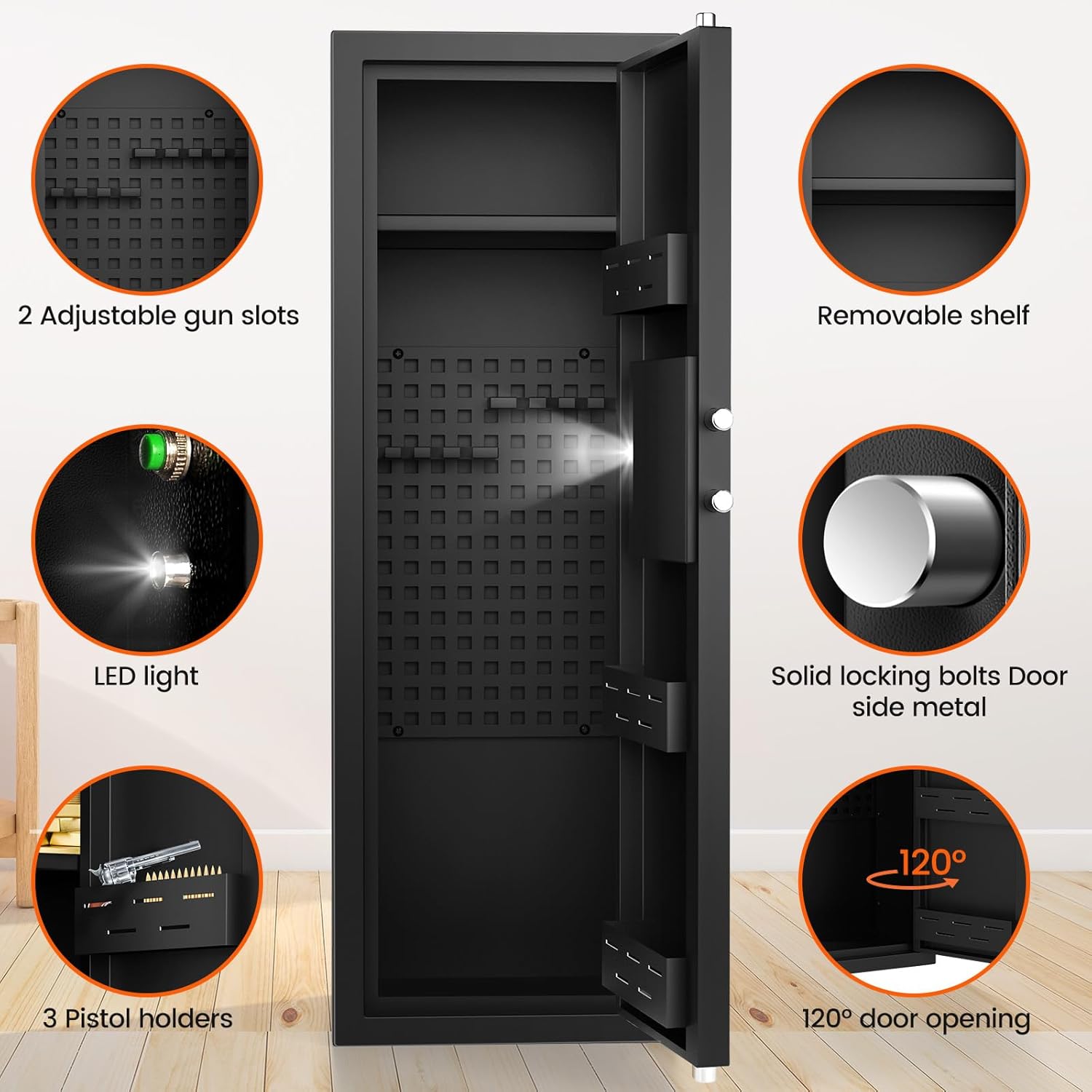 Gun Safe for 6-8 Guns, Gun Safes for Home Rifle and Pistols Fireproof, Rifle Safes for Home with Easy Set up Combination & Spare Keys, Anti-theft Lock and Alarm, Adjustable Racks, Silent Mode