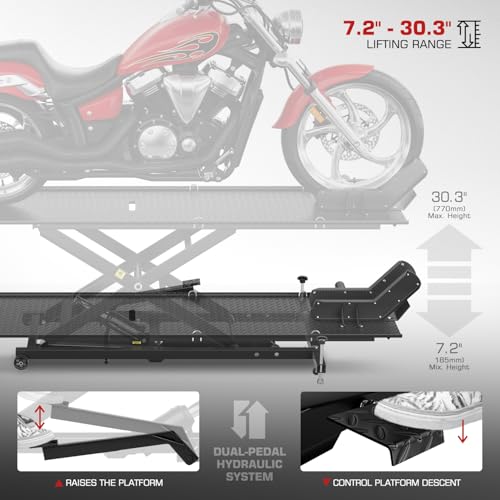 DNA MOTORING Motorcycle Lift Table 1000lbs Capacity Motorcycle Support Stand L 86.2in x W 22in Motorcycle Lift Jack Lifting Range 7.2-30.3in Black TOOLS-00780