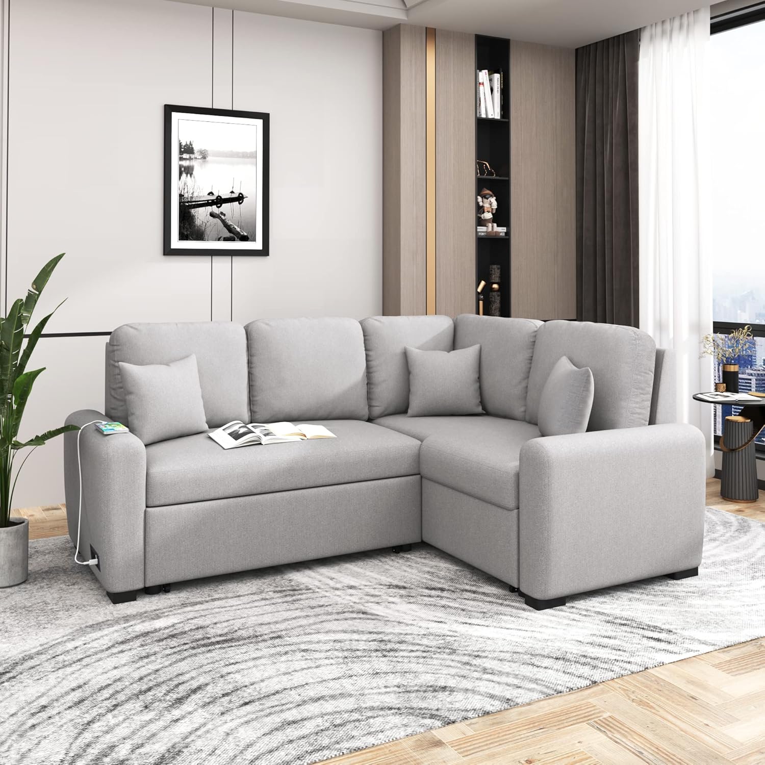 LUMISOL 87.4" L-Shape Sectional Sofa with USB Charging Port and Plug Outlet, Pull-Out Sofa Bed with 3 Pillows for Living Room Small Apartment, Grey