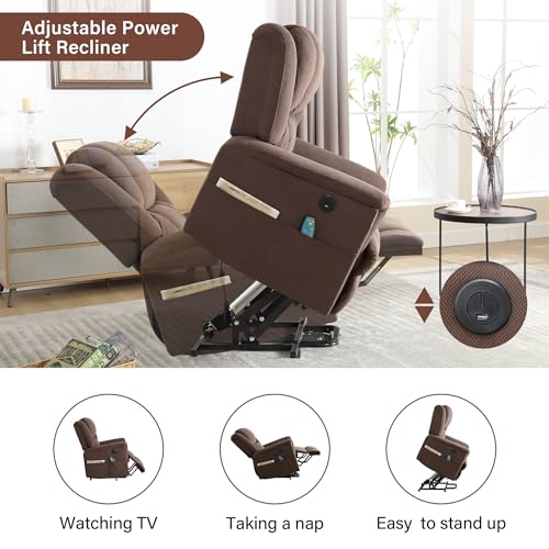 Power Lift Chair with Heat and Massage, Electric Wooden Frame Power Recliner Chair for Elderly with Side Pocket, USB Charge Port, Easy to Assemble