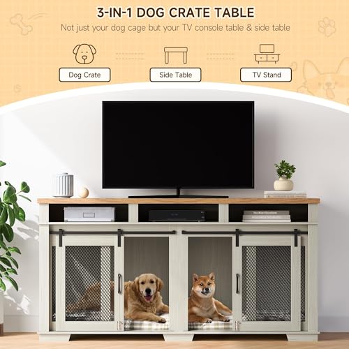 71" Dog Crate Furniture for 2 Dogs, Dog Kennel with 3 Storage Drawers & Removable Divider, Extra Large Double Dog Cage As TV Stand, Furniture Style Dog Crates with Sliding Barn Door