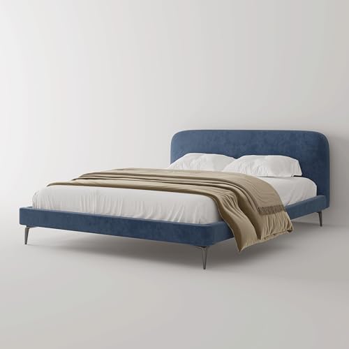 Acanva Modern Minimalist Upholstered Platform Bed Frame with Headboard, Mattress Foundation Base with Metal Slats Support, No Box Spring Needed, Non-Slip, White, Full Size