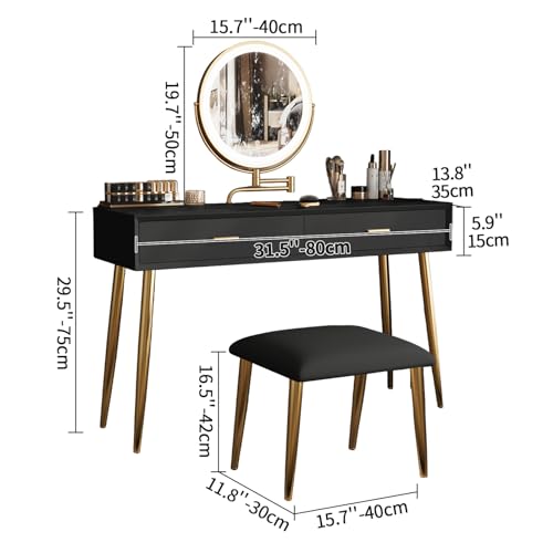 Vanity Desk Set with 360° Rotating Mirror and Lights, Small Makeup Vanity with Microfiber Leather, Vanity Table with 3 Lighting Modes, 2 Drawers, Stool - 31.5in Black