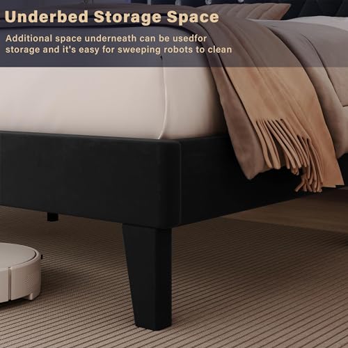 Full Size Bed Frame, Upholstered Platform Bed Frame with LED Light, Adjustable Headboard Tufted, No Box Spring Needed, Easy Assembly, Black