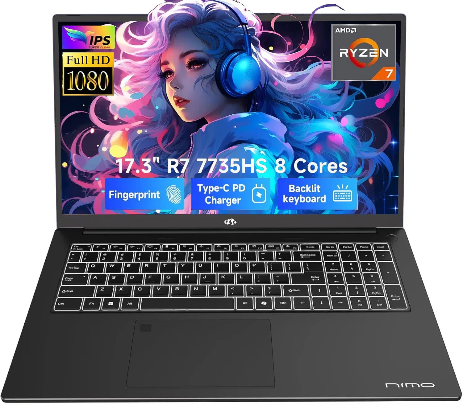 17.3" Gaming-Laptop, AMD Ryzen 7 7735HS (8C/16T, Beats i7-12650H) 64GB DDR5 RAM 1TB SSD Computer with Radeon 680M, 100W Type-C, WiFi-6E, 75Wh Battery, Fingerprint, Backlit Keyboard for Business