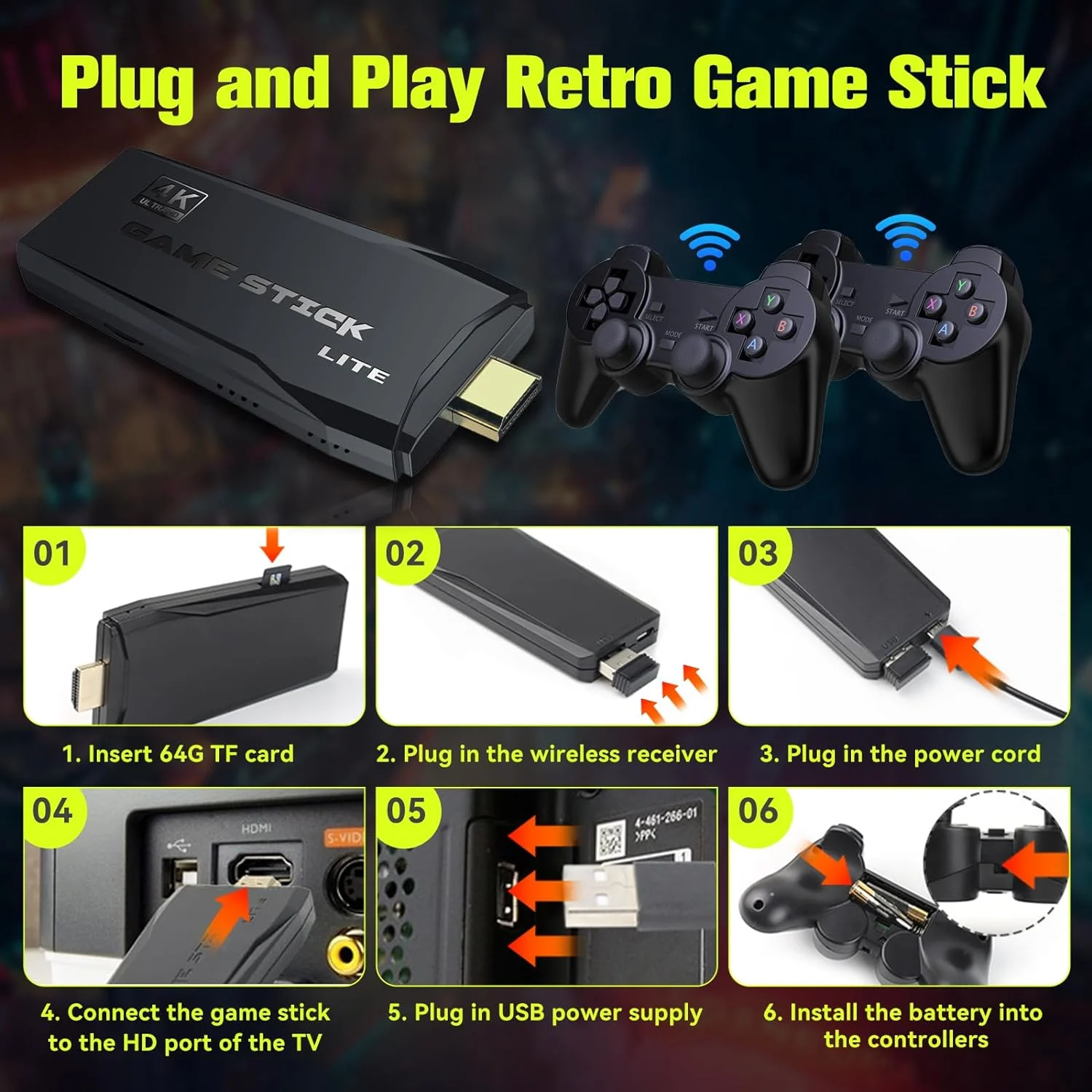 Retro Game Stick, Nostalgia Stick with Built-in 25000+ Games, 12 Emulators, 4K HD Output, 64G Wireless Retro Game Console, Plug and Play Video Game for TV, Dual 2.4G Wireless Controllers