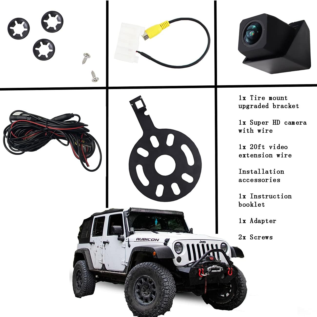 VIREGO Backup Camera for Jeep Wrangler JK 2/4Doors 2007-2018,Water-Proof,Spare Tire,Safe Parking/Reversing,Super HD,Excellent Night Vision,Wide Angles,Input Harness,Mount with OEM Monitor Adaptor