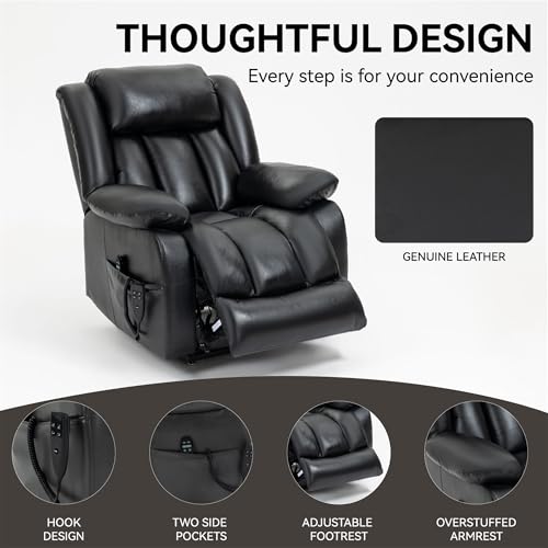 Dual Motor Infinite Position Electric Power Lift Recliner Chair with 8-Point Vibration Massage, Lumbar Heating, and Genuine Leather Upholstery - Supports Up to 350 LBS, Ideal for Elderly (Black)