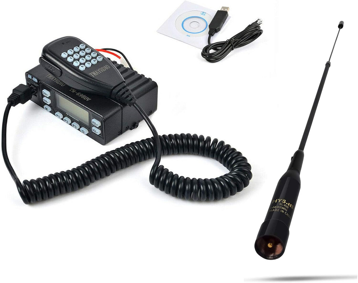 HYS TW898UV 25W Transceiver 136-174Mhz 400-470Mhz Dual Band 2Meter 70CM UHF/VHF 199CH CTCSS DCS Car Mobile Vehicle 2-Way Ham Radio + Program Cable and Software+ Tri Band Telescopic Antenna