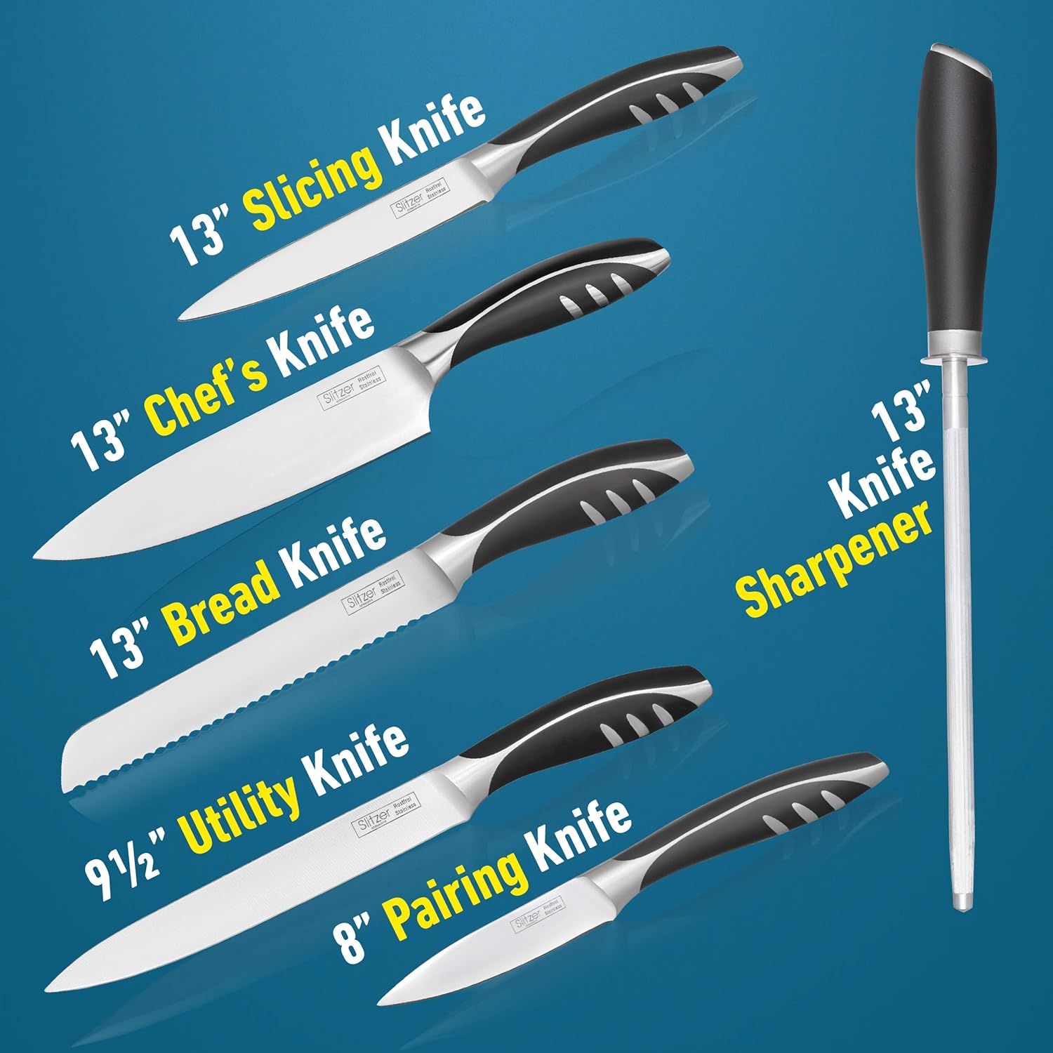 Slitzer Germany 7-Piece Chef's Knife Set, Ergonomically Designed, Professional Grade Chef Knives, Great addition to any kitchen