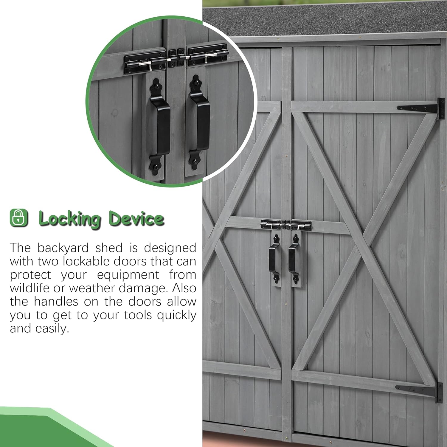 Outdoor Storage Shed, Wood Garden Cabinet with 2 Lockable Doors, 2 Adjustable Shelves & Metal Hooks, Ider for Yard Garge Patio Deck Porch, 56" L x 19.5" W x 64" H - Aqua Grey