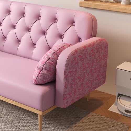 Modern Loveseat Sofa Couch with 2 Throw Pillows,PU Leather Upholstered Small Love Seat Couches with Tulip Pattern, New,2 Seater for Living Room Bedroom (Green)