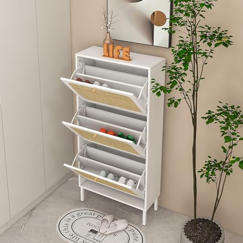 Natural Rattan Cabinet, Narrow Shoe Storage Cabinet with 3 Flip Drawers Hidden, Freestanding Entryway Storage Unit Console Table for Entryway Slim, Hallway,Natural