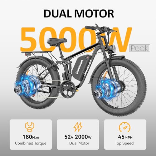 Dual Motor Electric Bike for Adults, 52V 4000/5000W Peak Motor, 40/45MPH, 1300Wh Battery, Up to 100 Miles Range, 26" x 4.0 Fat Tire Ebike with 7-Speed, Suspension, Turn Signals and Dual Disc Brakes