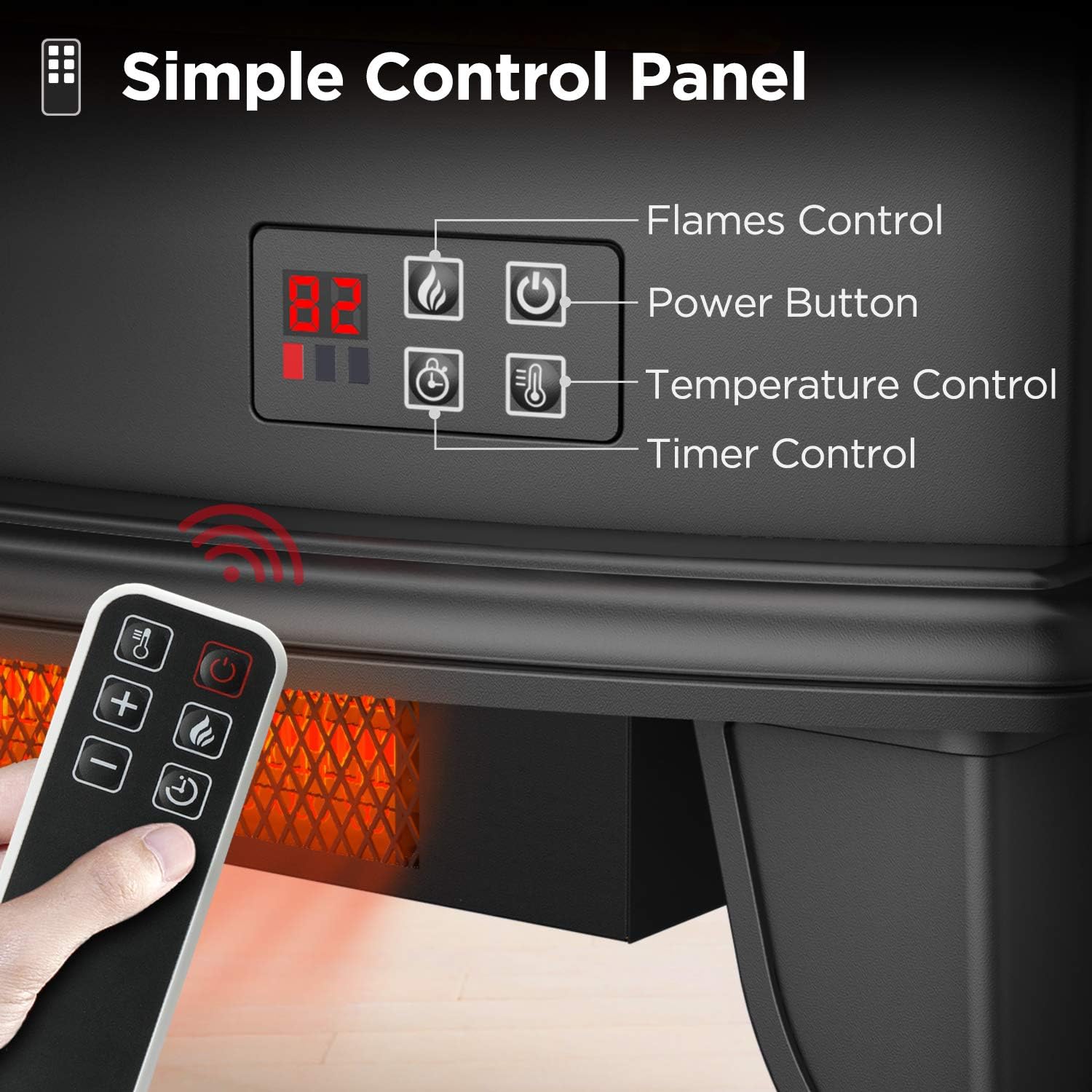 TURBRO Suburbs TS23-C Electric Fireplace Infrared Heater with Curved Door- Freestanding Fireplace Stove with Adjustable Flame Effects, Overheating Protection, Timer, Remote Control - 23" 1400W Black