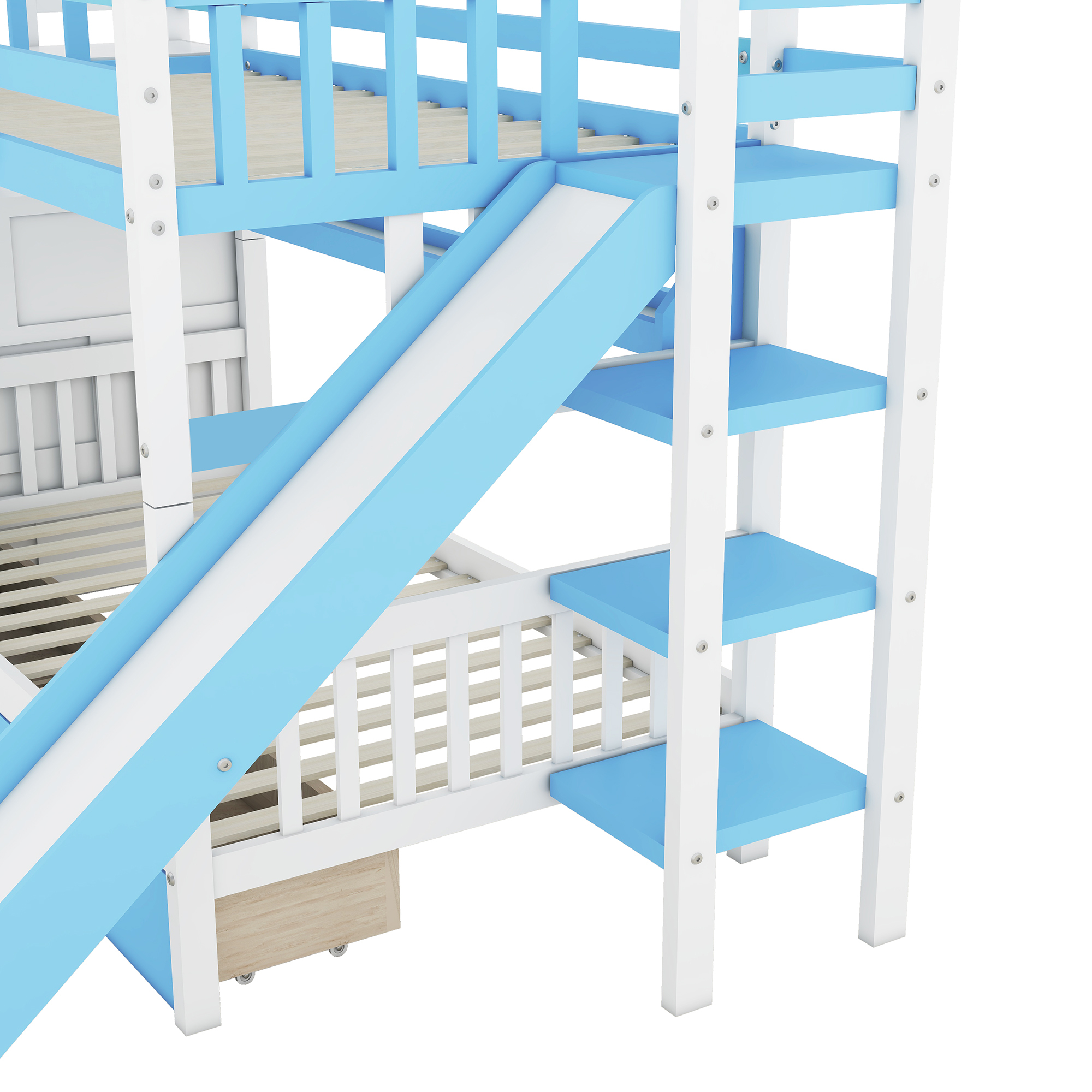 Blue Castle-Themed Twin Bunk Bed with Slide, 2 Drawers & 3 Shelves for Kids' Room