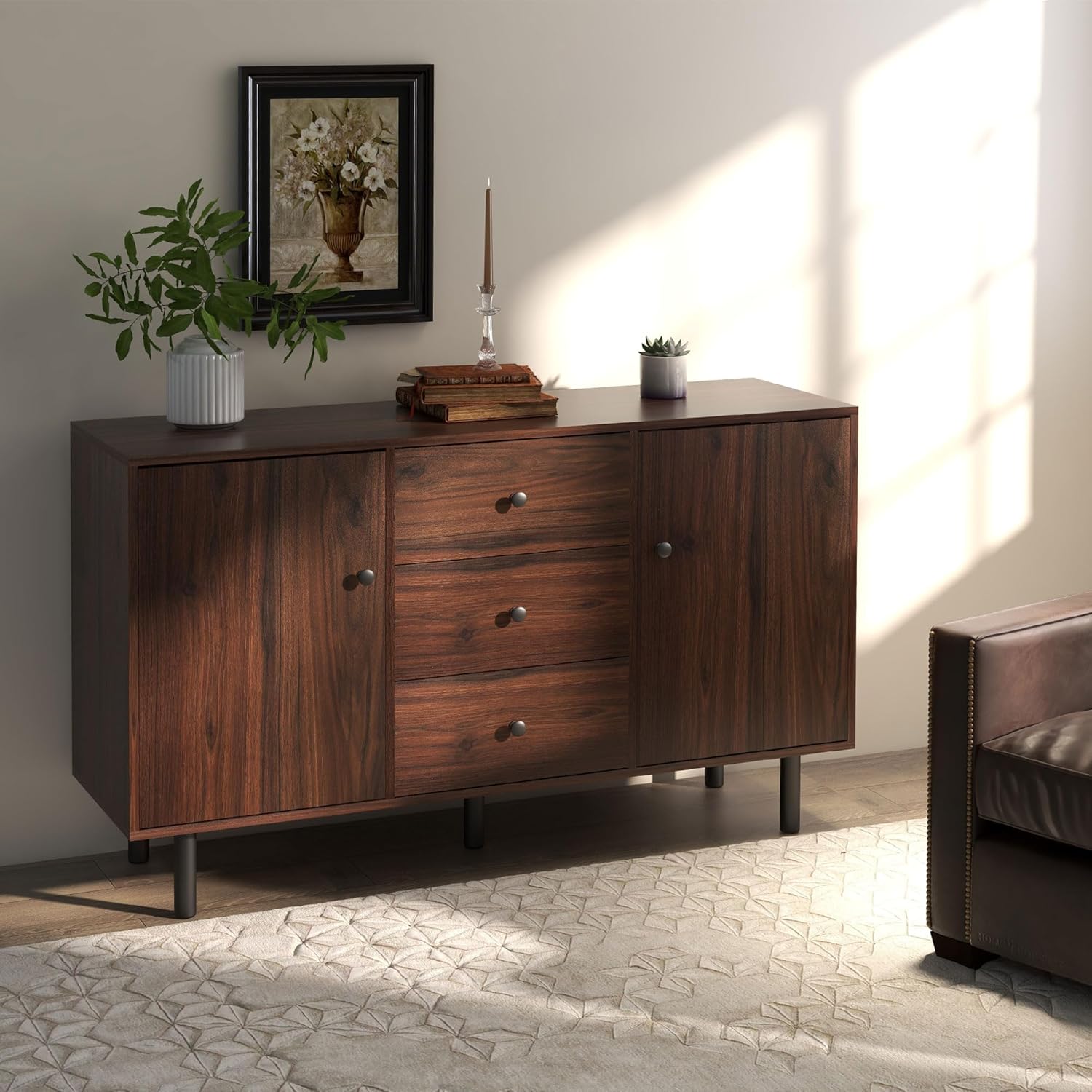 HOMCOM Sideboard Buffet Cabinet, Kitchen Cabinet with 2 Cupboards, 3 Drawers and Adjustable Shelves, Coffee Bar Cabinet for Living Room, Entryway, Brown