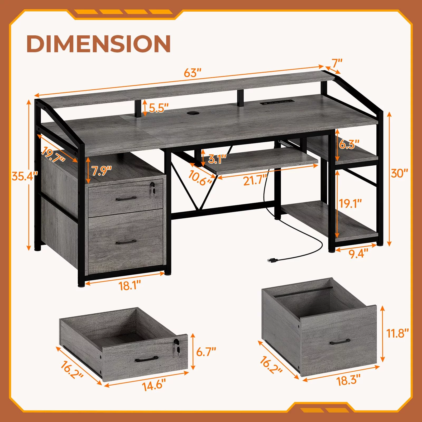 SEDETA 63" Computer Desk, Office Desk with Lock Drawers for Legal/Letter File, Gaming Desk with LED Light and Power Outlet, Gray