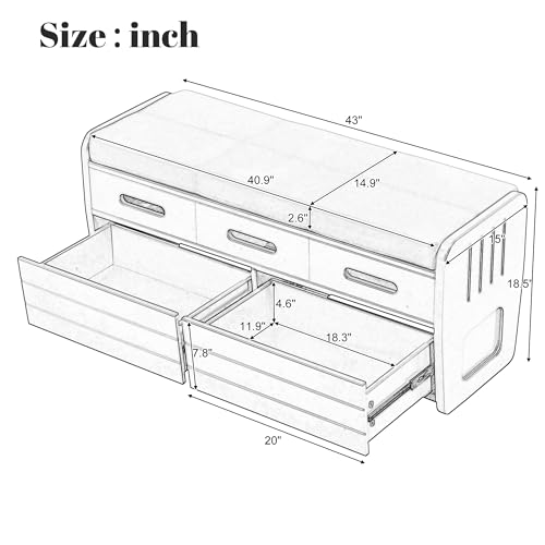 Rustic Storage Bench with 2 Drawers and Hidden Storage Space, Wooden Shoe Bench with Cushion and Striped Door Design for Living Room, Entryway, Hallway (White)
