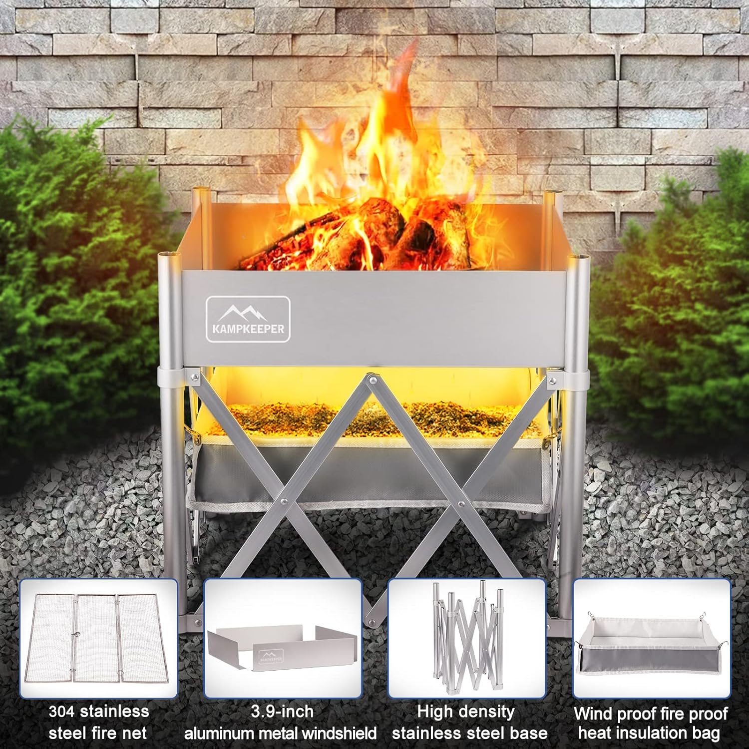 KAMPKEEPER Fire Pit 18 Inch Outdoor Wood Burning Fire Pit,Portable Fire Pit for Camping, Beach Parties,and More,Included Heat Shield for Leave No Trace Fires(Pop-Up Fire Pit + Heat Shield)