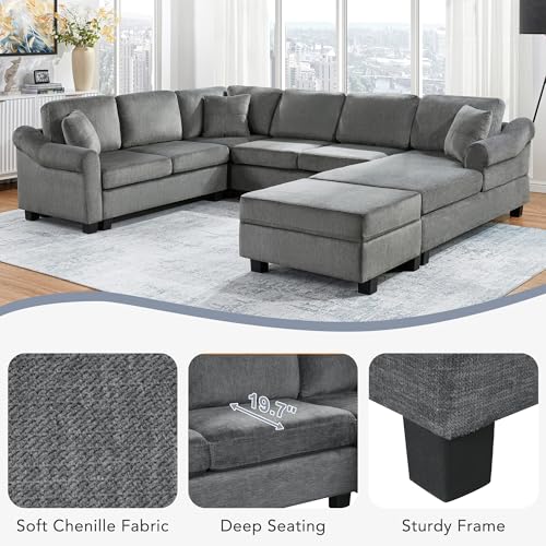 Oversized U-Shaped Sectional Sofa Couch Plush Corduroy Upholstered Modular Deep Seat Sofa&Couch Sectional W/Right Facing Chaise Lounge and 7 Toss Pillows for Home Apartment Living Room Furniture Sets
