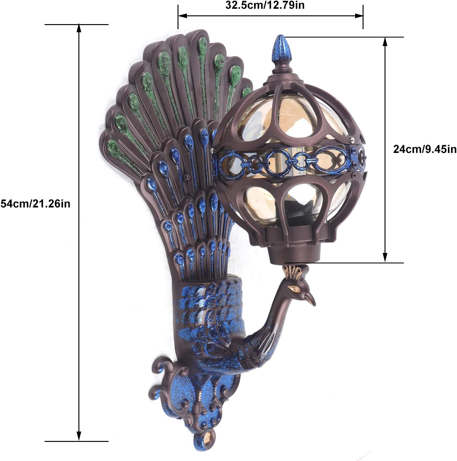 Peacock Wall Light Sconces, Metal and Glass Stained Wall Lamp Lighting LED Antique Wall Mounted Lamp,Peacock Shades Bedroom Bedside Wall Sconces Fixture,E27