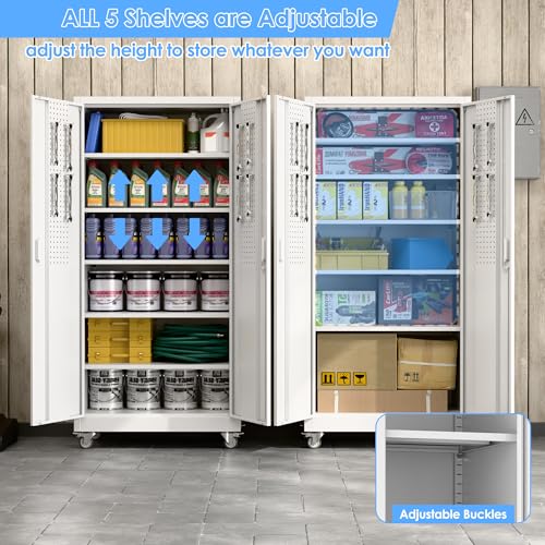 Aobabo Garage Storage Cabinet with Wheels,72" H Metal Storage Cabinet with 2 Doors and 4 Adjustable Shelves for Garage Home, Black,Required-Assembly