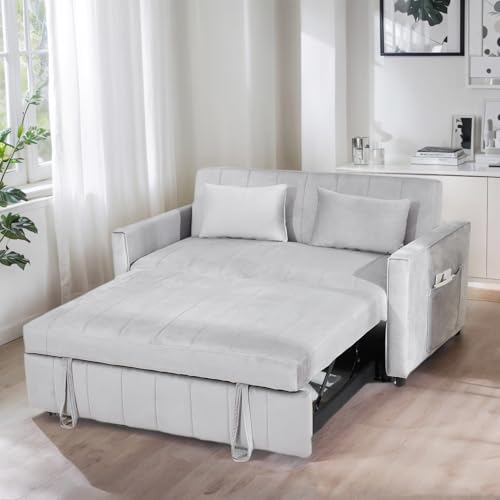 Convertible Sleeper Sofa Bed, 55.51" Modern Velvet 3-in-1 Futon Couch, Pullout Bed with Adjustable Backrest, Storage Pockets and Toss Pillows for Living Room, Bedroom (Black)