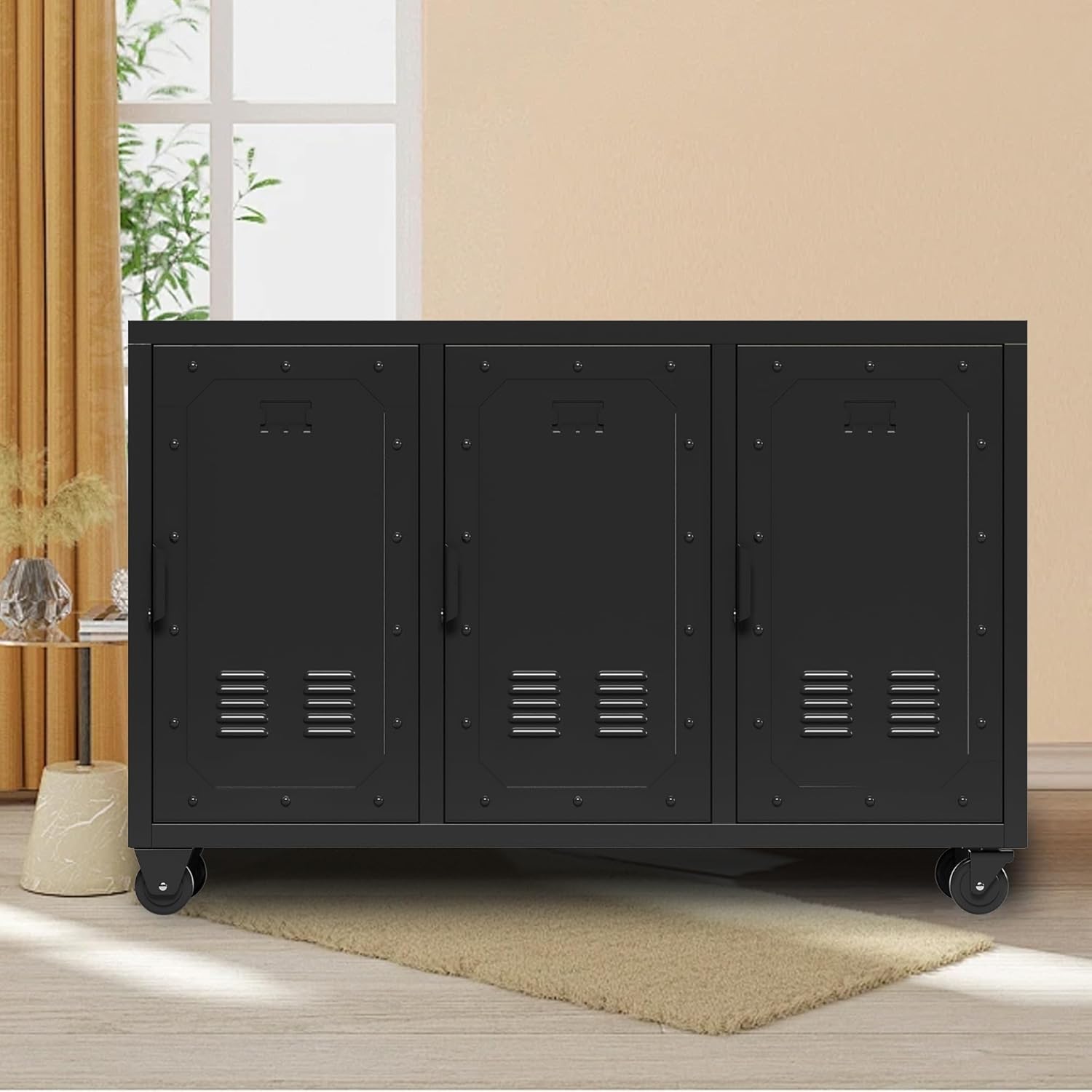 Metal Storage Cabinet with Wheels,Garage Storage Cabinet with 3 Doors,Sturdy and Durable Heavy Duty Utility Storage Cabinet for Office Kitchen Pantry Organizer Storage Room