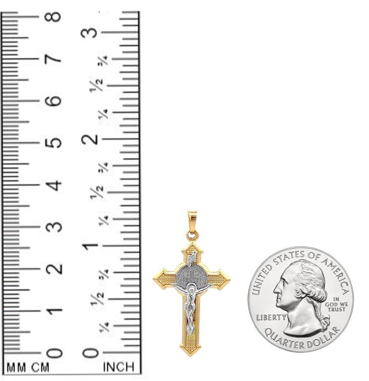 RP 14k Two Tone Gold Saint Benedict INRI Crucifix Cross Reversible Pendant Patron St. Benedict Fine Religious Jewelry for Him & Her