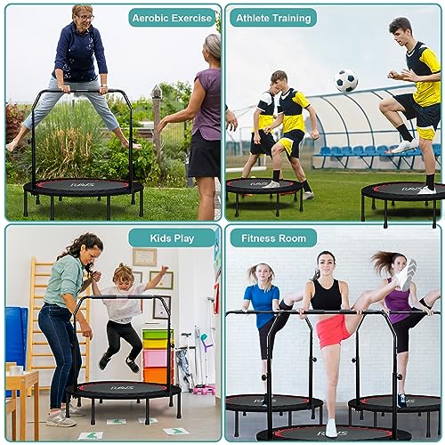 RAVS Mini Trampoline for Kids Adults 40"/48" Foldable Fitness Rebounder Kids Trampoline with 5 Levels Height Adjustable Handle Resistance Bands Indoor Workout Max Load 350lbs-450lbs