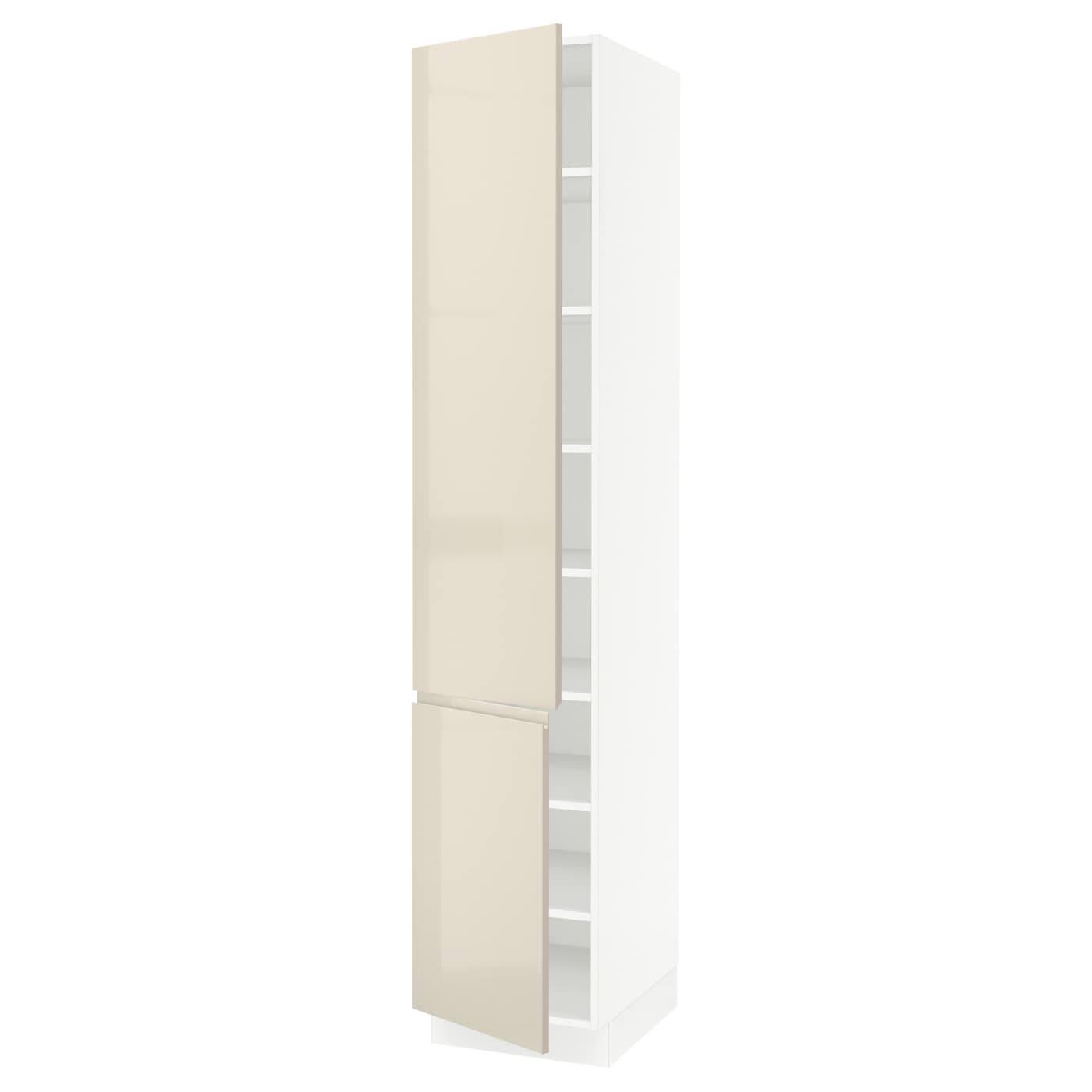 IKEA - SEKTION High Cabinet with shelves/2 Doors, white/Voxtorp High-Gloss Light Beige, 18x24x90 09381533