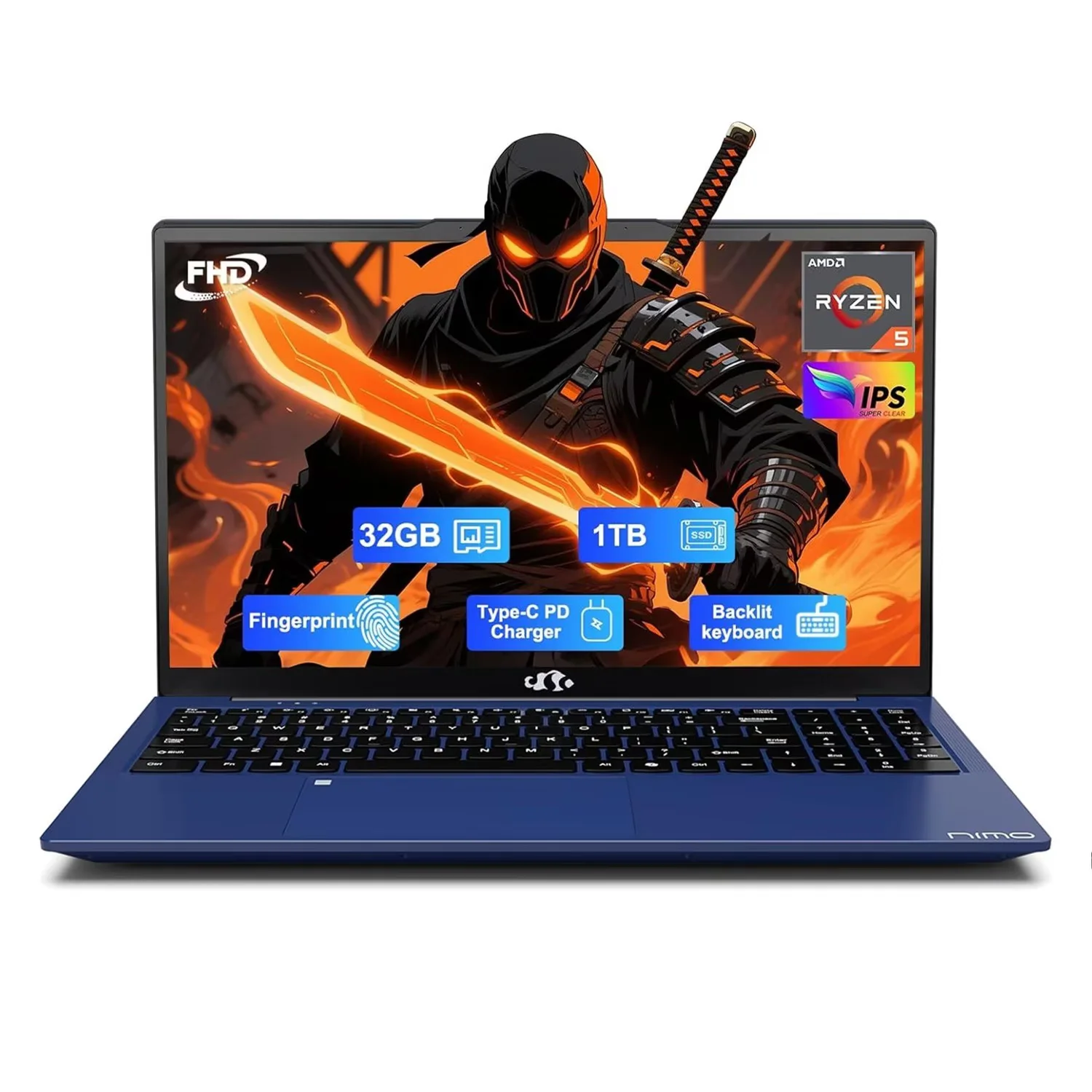 15.6" FHD Business Laptop 32GB RAM 1TB SSD AMD Ryzen 5 3500U Processor 65W Fast Charging Fingerprint Backlit Keyboard Win 11 Stylish Practical Laptop for Work Study Life (Blue)
