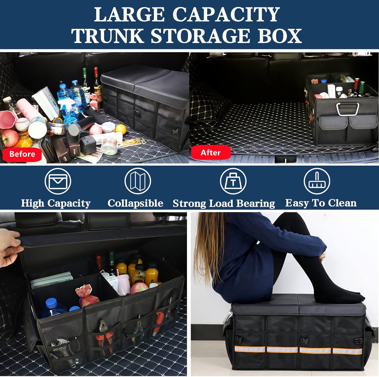 Car Trunk Organizer, Trunk organizers and storage suv, Trunk Organizer with Multi Pockets Collapsible Multi-Compartment Car Organizer Apply To SUV, Truck, Minivan(Black)