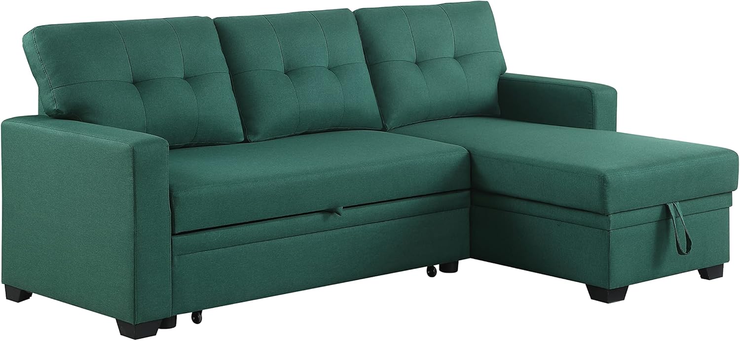 Upholstered Pull out Sectional Sofa with Chaise (Green)
